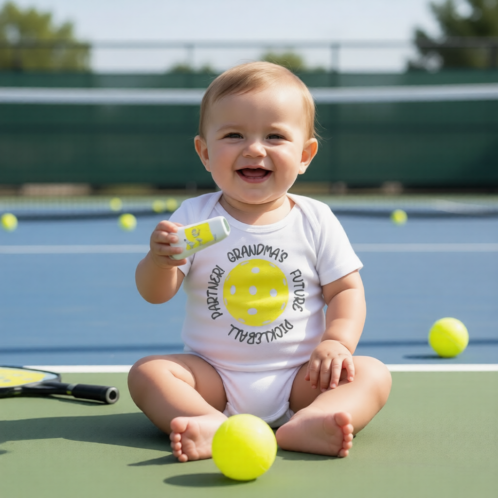 A smiling baby sitting on a pickleball court wearing a white onesie with a yellow pickleball graphic and the text 'Grandma's Future Pickleball Partner'. 