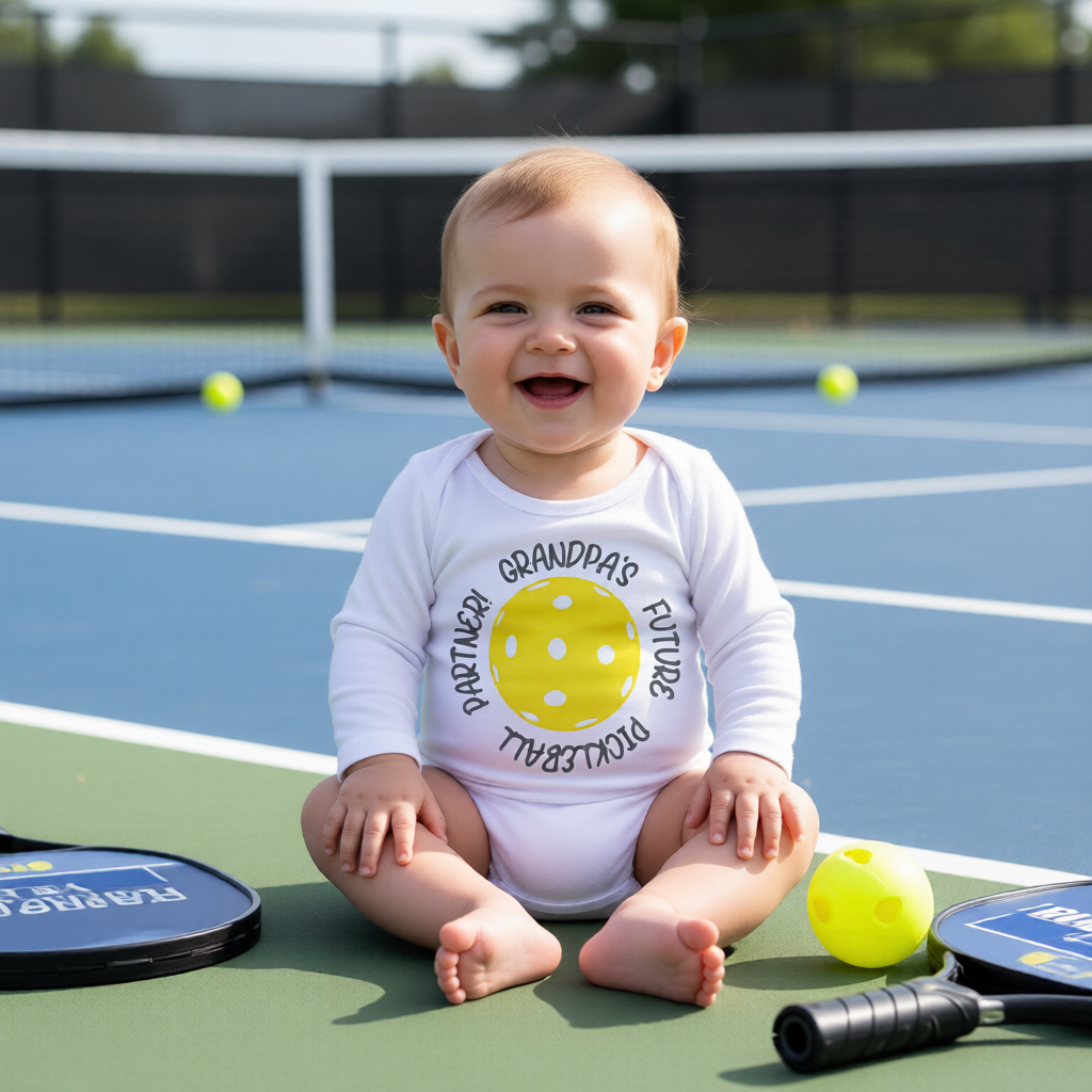 A baby sitting on a pickleball court wearing a white long-sleeve bodysuit with a yellow pickleball graphic and the words 'Grandpa's Future Pickleball Partner'. 