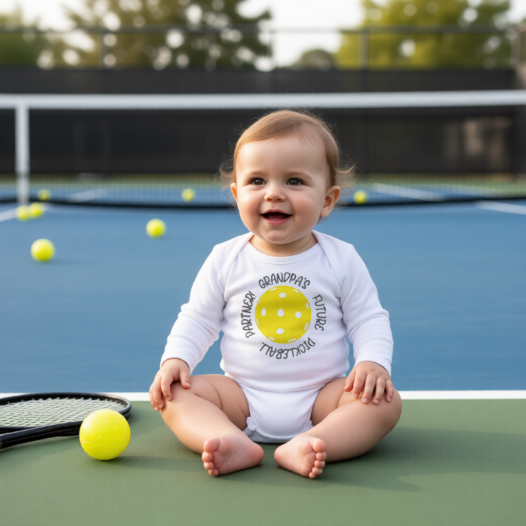 A baby sitting on a pickleball court wearing a white long-sleeve bodysuit with a yellow pickleball graphic and the words 'Grandpa's Future Pickleball Partner'. 