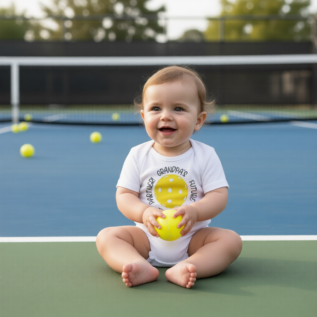 A smiling baby sitting on a pickleball court wearing a white onesie with a yellow pickleball graphic and the text 'Grandpa's Future Pickleball Partner'. 