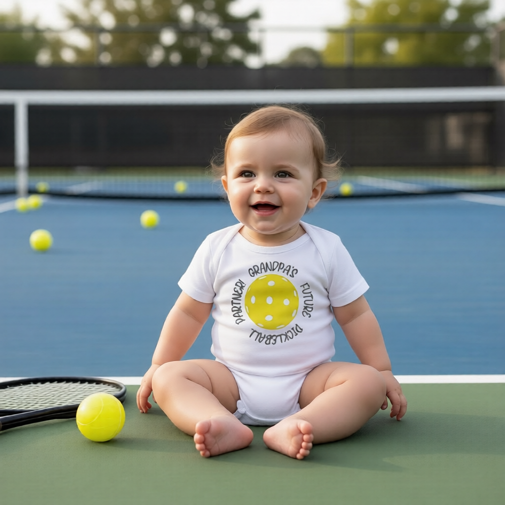 A smiling baby sitting on a pickleball court wearing a white onesie with a yellow pickleball graphic and the text 'Grandpa's Future Pickleball Partner'. 