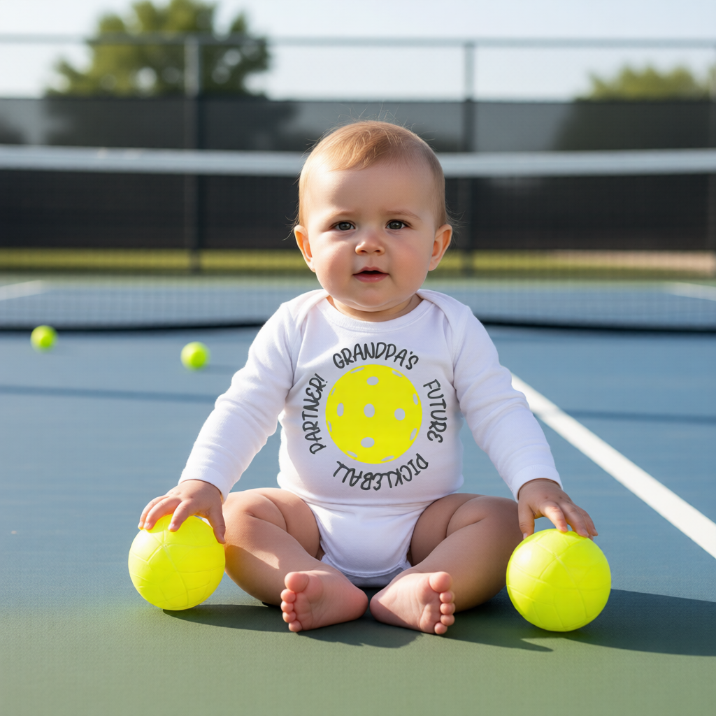 A baby sitting on a pickleball court wearing a white long-sleeve bodysuit with a yellow pickleball graphic and the words 'Grandpa's Future Pickleball Partner'. 