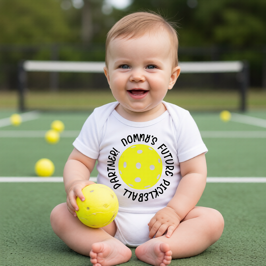 A baby sitting on a green pickleball court wearing a white long-sleeve bodysuit with a yellow pickleball graphic and the text 'MOMMY'S FUTURE PICKLEBALL PARTNER!'. 