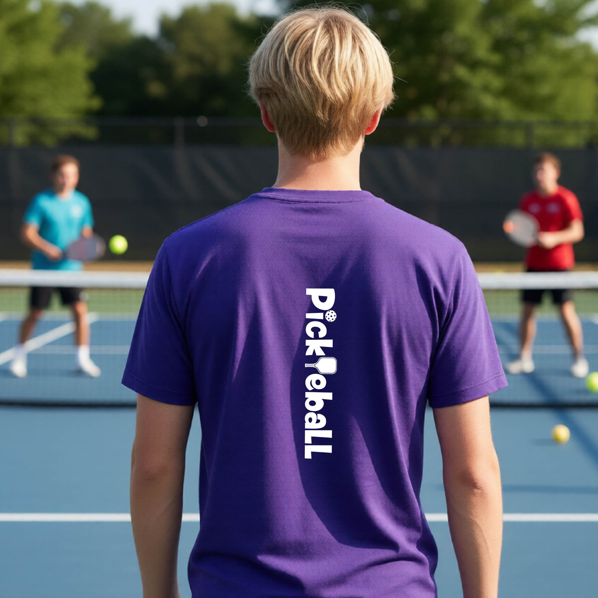 A young person on a pickleball court seen from behind, wearing a purple t-shirt with 'Pickleball' printed vertically in white on the back.