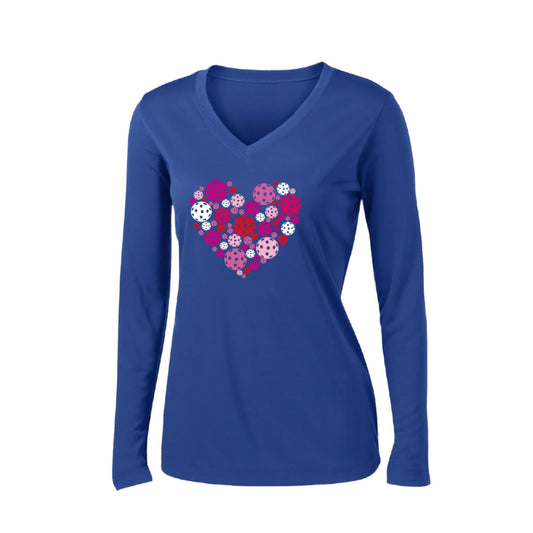 Pickleball Heart | Women’s Long Sleeve V-Neck Pickleball Performance T-Shirt | 100% Polyester