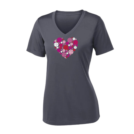 Pickleball Heart | Women's Short Sleeve V-Neck Pickleball Performance T-Shirts | 100% Polyester