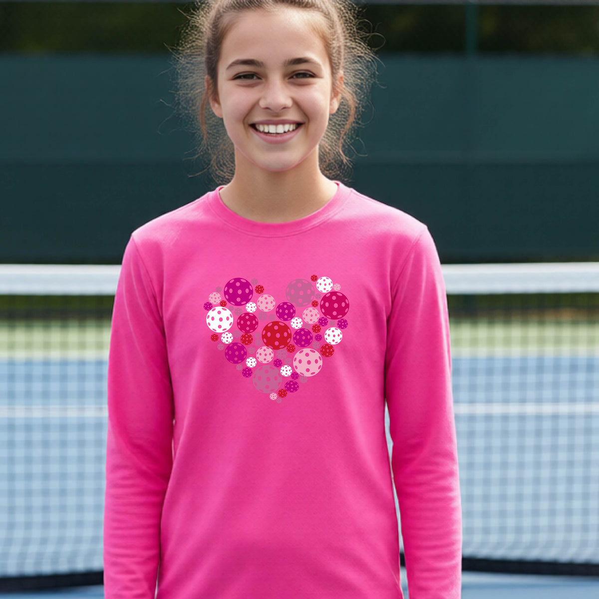 A teeneager laughing on a pickleball court wearing a bright pink long-sleeve shirt with a colorful heart-shaped graphic made of pickleballs. 