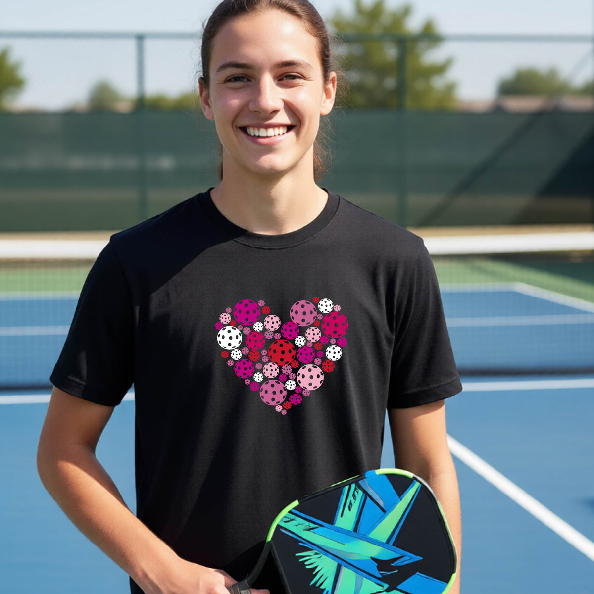 A young person laughing on an outdoor pickleball court wearing a black t-shirt with a heart-shaped graphic made of pink, red, and white pickleballs. 