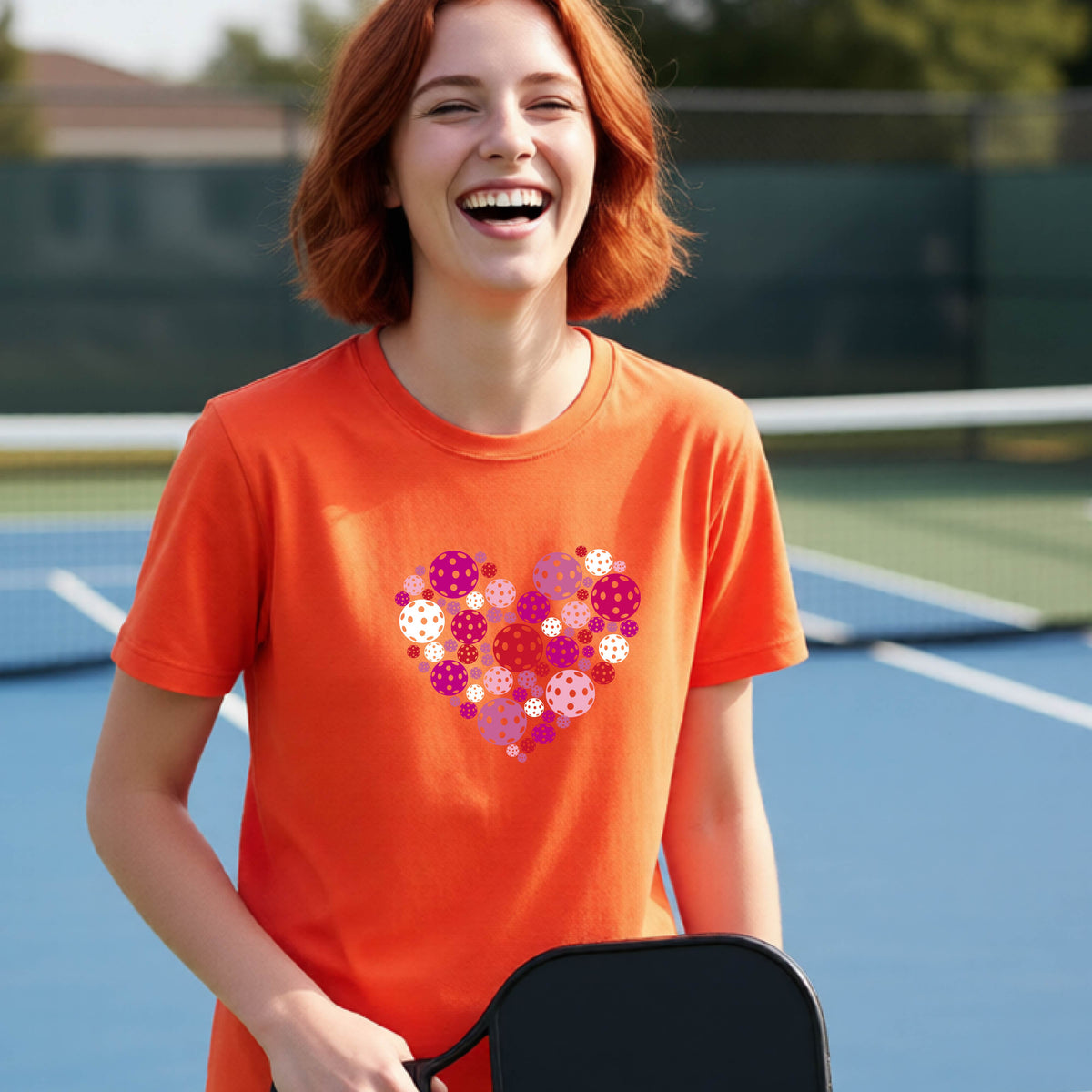 A young person aughing on an outdoor pickleball court wearing an orange t-shirt with a heart-shaped graphic made of pink, red, and white pickleballs.