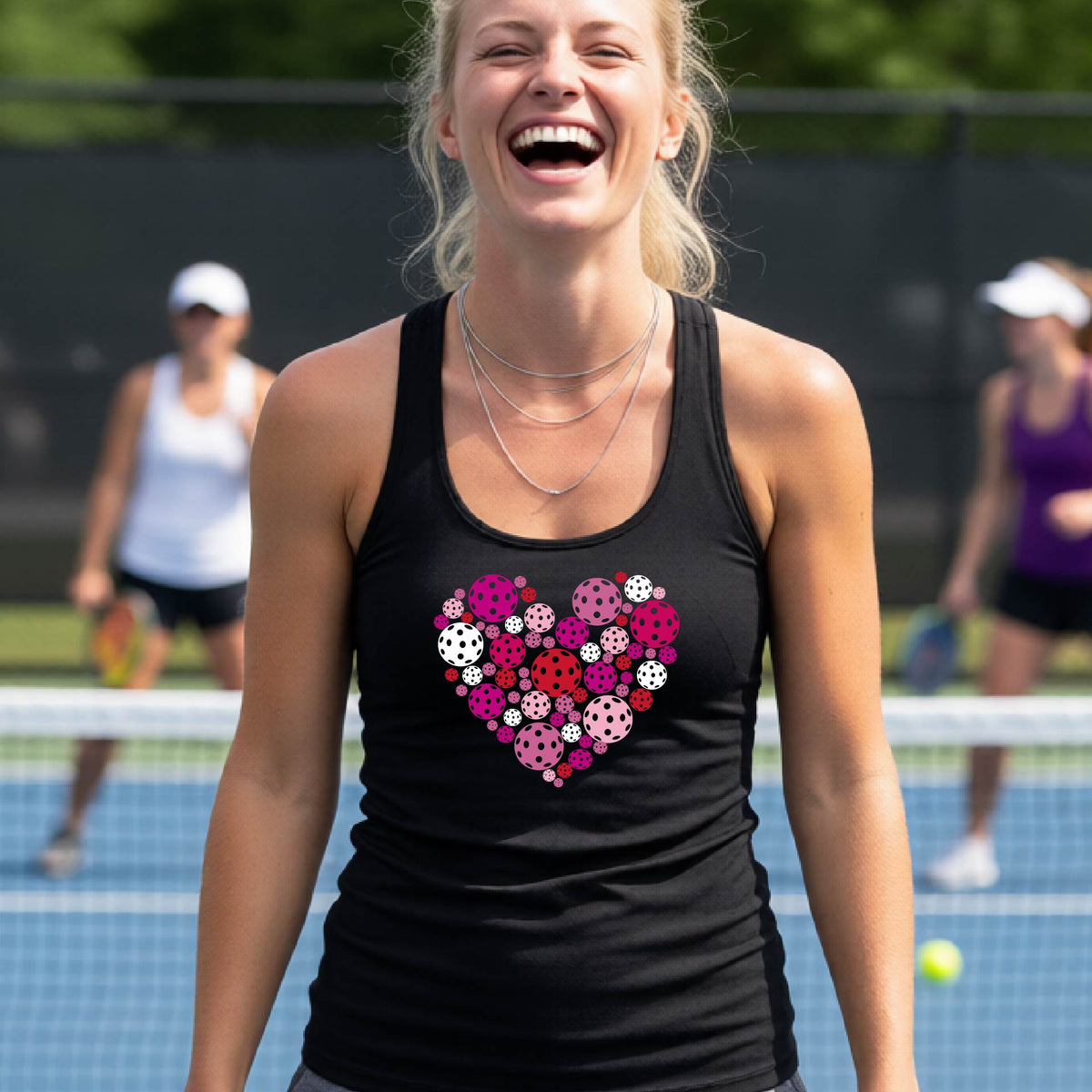 A woman laughing on an outdoor pickelball court wearing a black tank top with a heart-shaped pattern of pink, red, and white pickleballs on the chest.