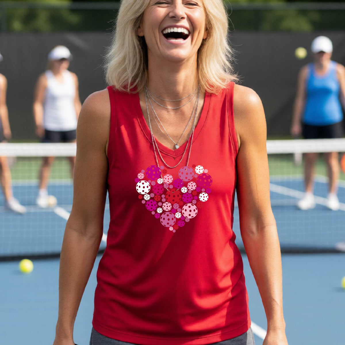 A woman on a sunny outdoor pickleball court wearing a red tank top with a heart-shaped pattern in pink, red, and purple pickleballs. 