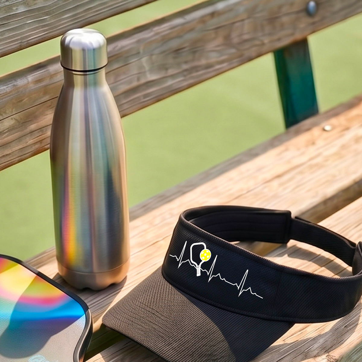 A close-up of a black athletic visor showing a white pickleball graphic of a heartbeat EKG including a pickleball paddle and a yellow pickleball, in front of a pickleball court.