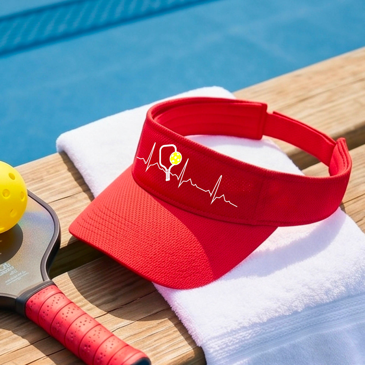 A close-up of a red athletic visor showing a white pickleball graphic of a heartbeat EKG including a pickleball paddle and a yellow pickleball, in front of a pickleball court.