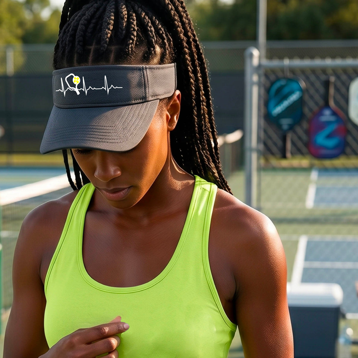 A close-up of a gray athletic visor showing a white pickleball graphic of a heartbeat EKG including a pickleball paddle and a yellow pickleball, in front of a pickleball court.