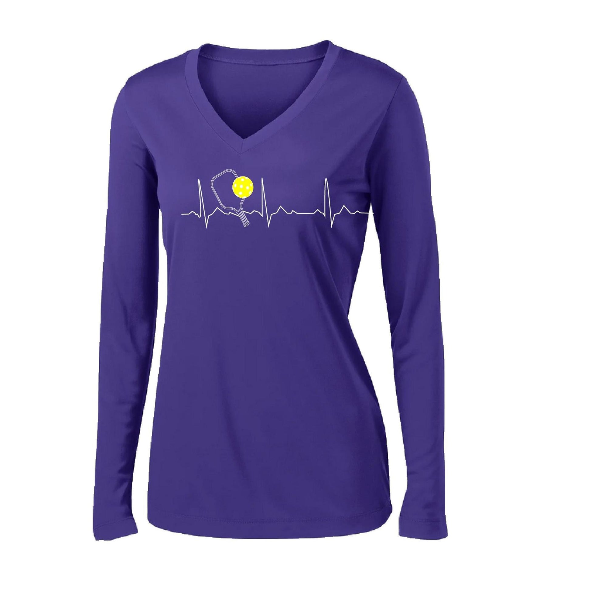 Pickleball Heartbeat EKG | Women’s Long Sleeve V-Neck Pickleball Performance T-Shirt | 100% Polyester