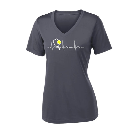 Pickleball Heartbeat EKG | Women's Short Sleeve V-Neck Pickleball Performance T-Shirts | 100% Polyester