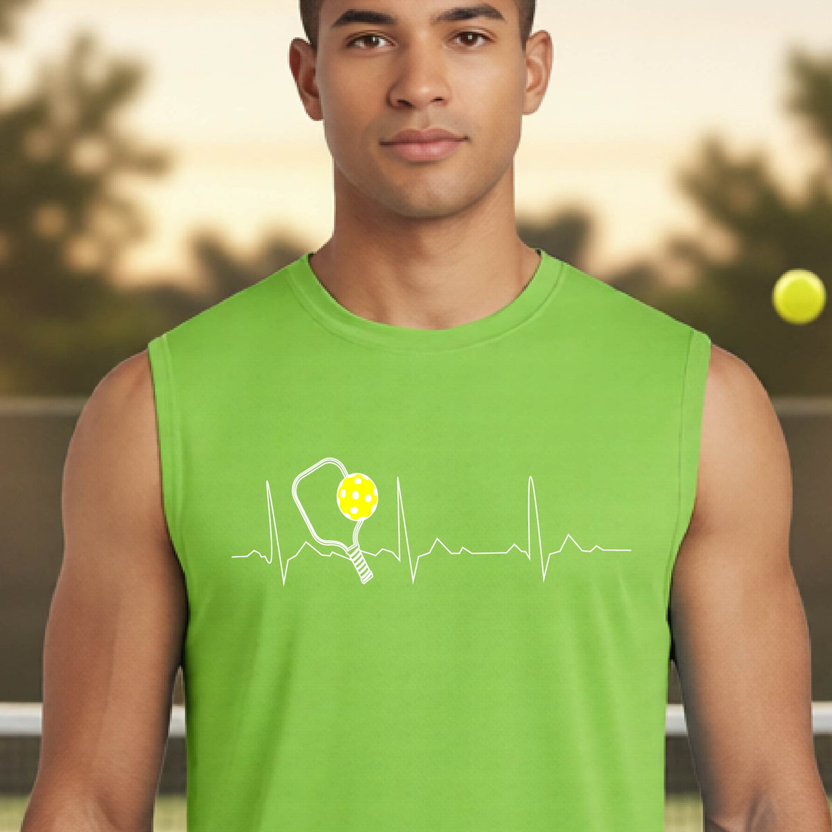 A close-up of a man in a lime green sleeveless t-shirt sporting a white pickleball graphic of a heartbeat EKG including a pickleball paddle and a yellow pickleball across the check, in front of a pickleball court.