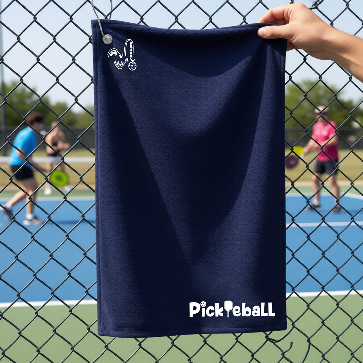 A close-up of a navy blue terry-cloth court towel  with grommet and hook and a white graphic text 'PICKLEBALL' with a pickleball paddle replacing the L, on a pickleball court on the bottom right and a logo of ‘DINK DINK SMASH’ on the upper left of the towel.