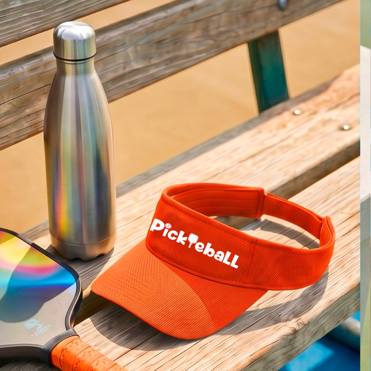 A close-up of an orange athletic visor with a white graphic text 'PICKLEBALL' with a pickleball paddle replacing the L, on a pickleball court. 
