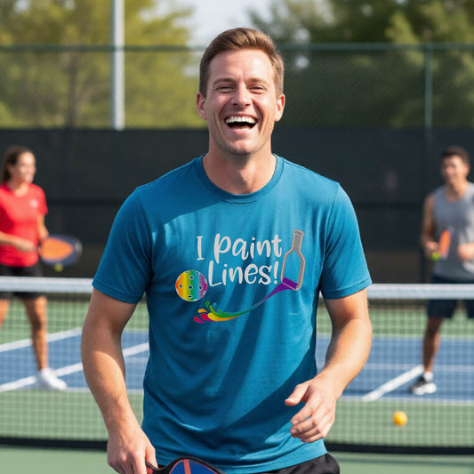 A close-up of a woman wearing a teal short-sleeve t-shirt with a graphic on the front that has white text "I PAINT LINES'  with a white pickleball paddle painting multi-colored lines leading a mutli-colored pickleball.