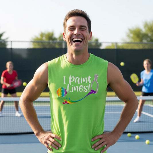 A close-up of a man wearing a coral lime green sleeveless t-shirt with a graphic on the front that has white text "I PAINT LINES'  with a white pickleball paddle painting multi-colored lines leading a mutli-colored pickleball.