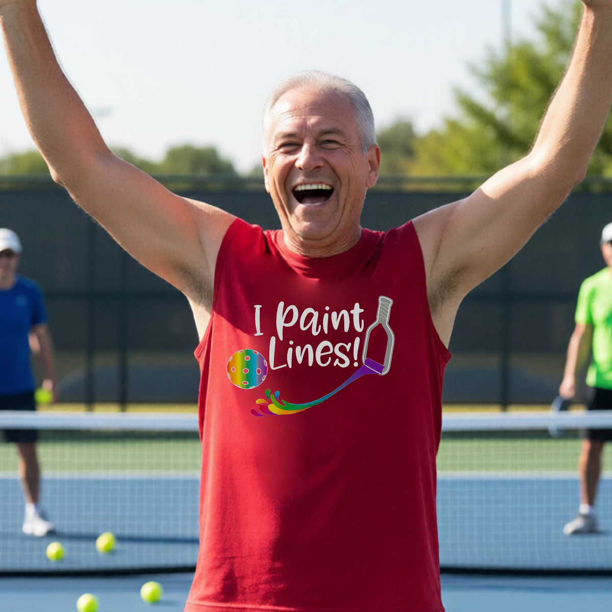 A close-up of a man wearing a coral lime red sleeveless t-shirt with a graphic on the front that has white text "I PAINT LINES'  with a white pickleball paddle painting multi-colored lines leading a mutli-colored pickleball.