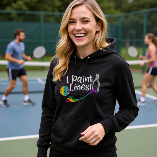 A woman wearing a black fitted hoodie pullover with a graphic on the front that has white text "I PAINT LINES'  with a white pickleball paddle painting multi-colored lines leading a mutli-colored pickleball.