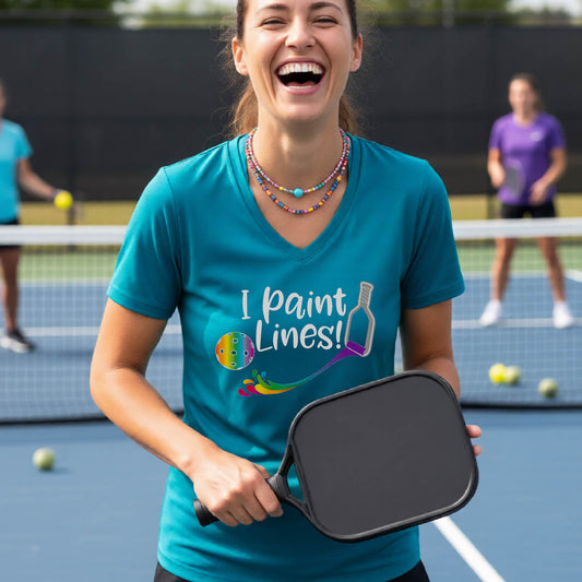 A woman on a pickleball court wearing a bright teal V-neck t-shirt with the graphic 'I paint Lines!' and a paintbrush illustration. 