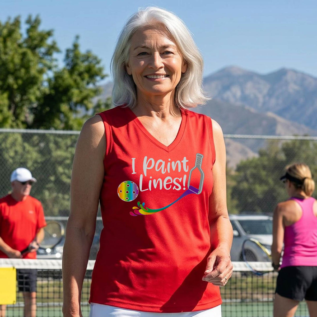A close-up of a woman wearing a red sleeveless t-shirt with a graphic on the front that has white text "I PAINT LINES'  with a white pickleball paddle painting multi-colored lines leading a mutli-colored pickleball.