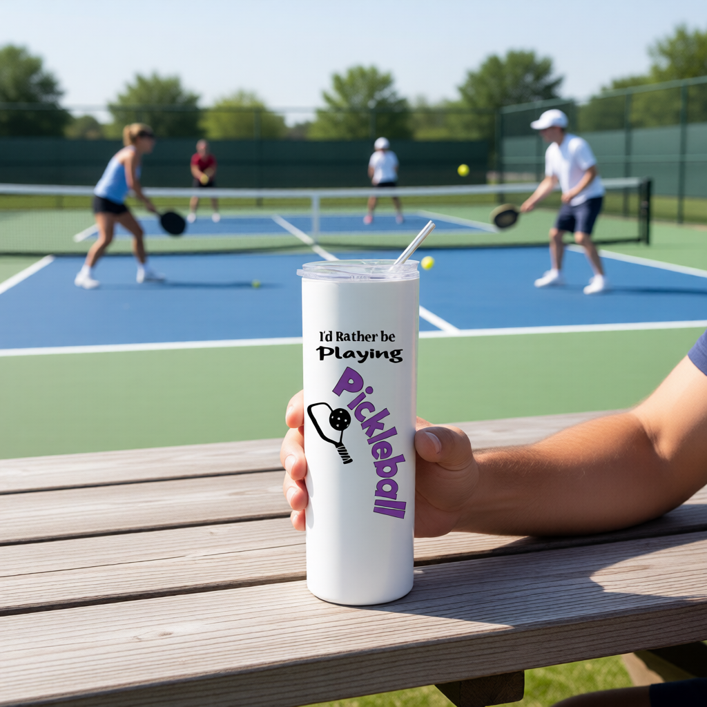 A white stainless steel rumbler with a fun pickleball graphic with the words 'I'D RATHER BE PLAYING PICKLEBALL' with a pickleball paddle and ball icon.