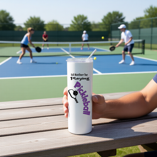 A white stainless steel rumbler with a fun pickleball graphic with the words 'I'D RATHER BE PLAYING PICKLEBALL' with a pickleball paddle and ball icon.