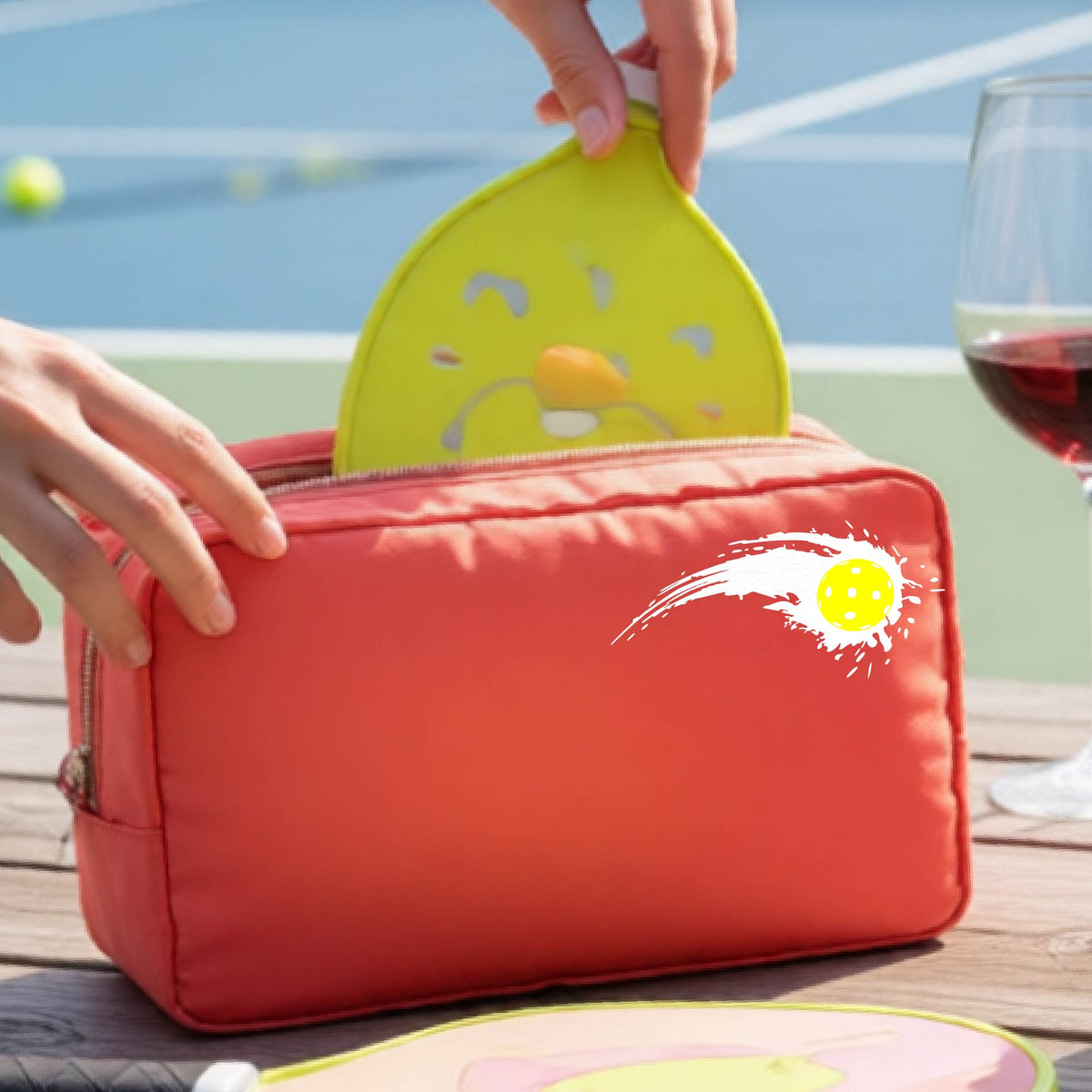 A close-up of a coral cosmetic toiletry bag with a white pickleball graphic of a yellow pickleball with a motion trail effect, displayed in front of a pickleball court. 