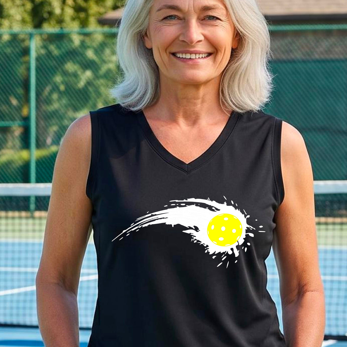 A woman wearing a black sleeveless T-shirt with a white pickleball graphic of a yellow pickleball with a motion trail effect, displayed in front of a pickleball court. 