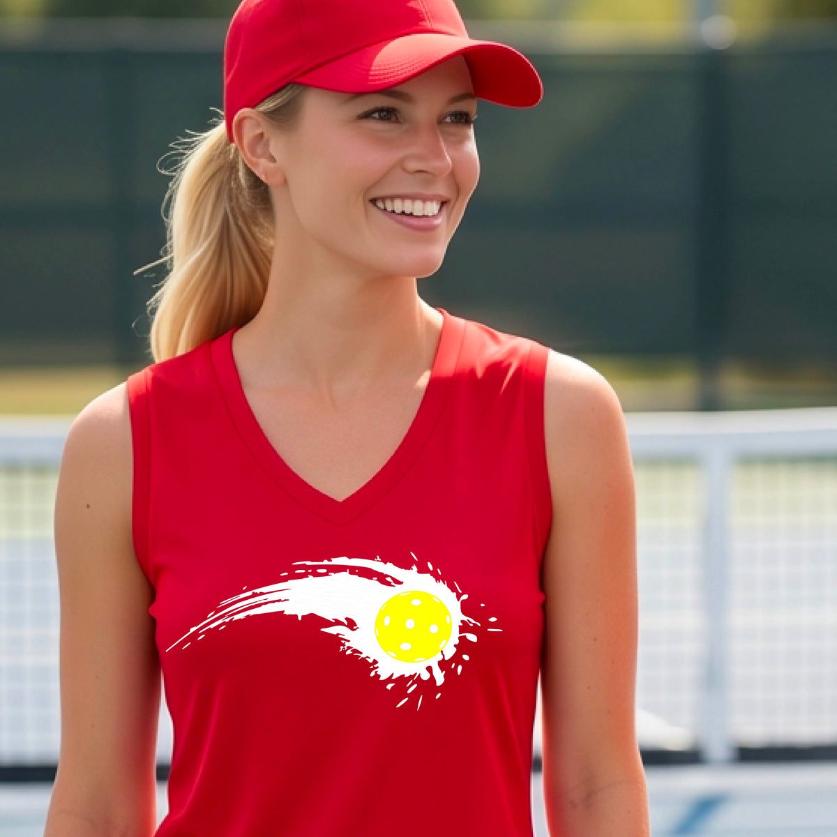 A woman wearing a red sleeveless T-shirt with a white pickleball graphic of a yellow pickleball with a motion trail effect, displayed in front of a pickleball court. 