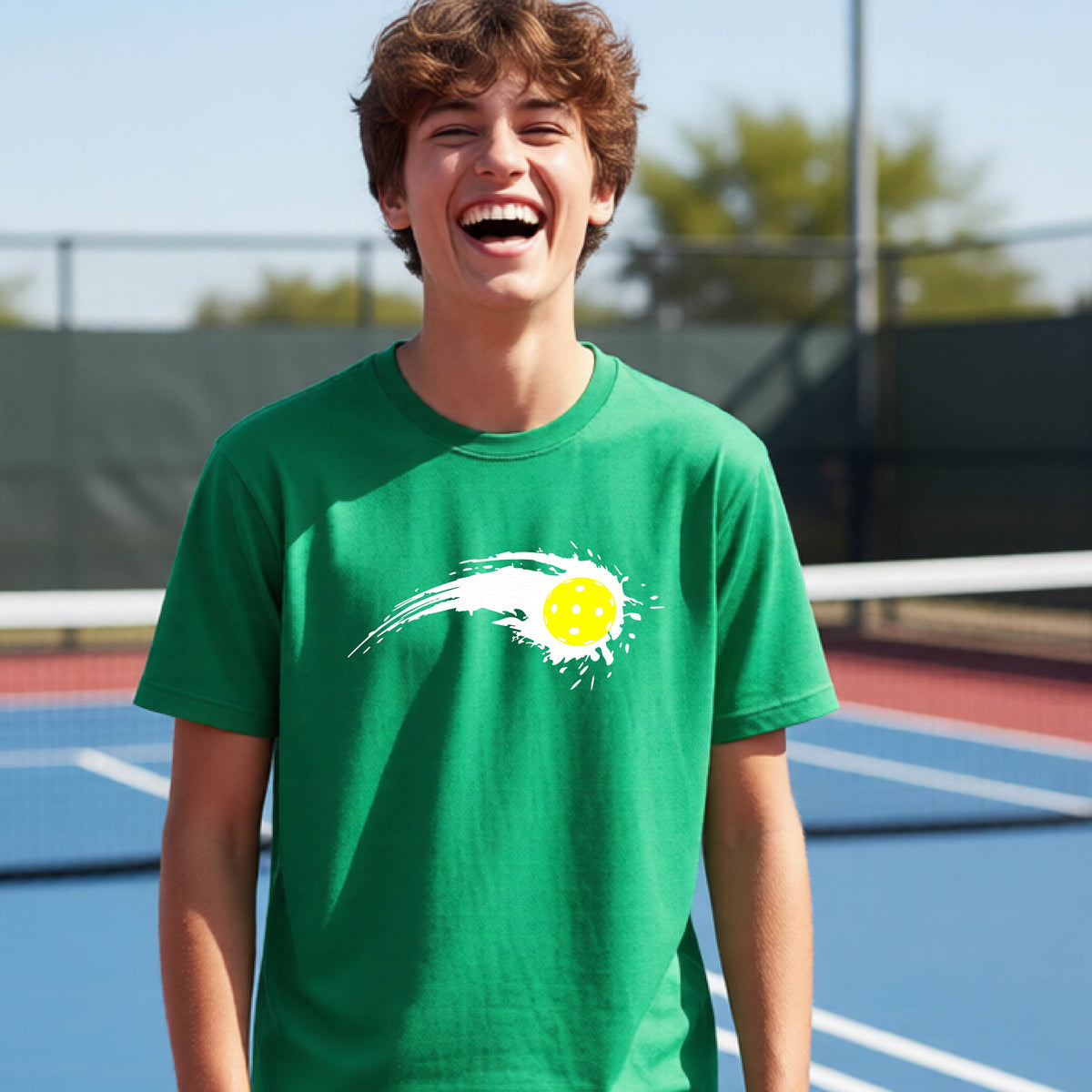 A teenager wearing a green short-sleeve T-shirt with a white pickleball graphic of a yellow pickleball with a motion trail effect, displayed in front of a pickleball court. 