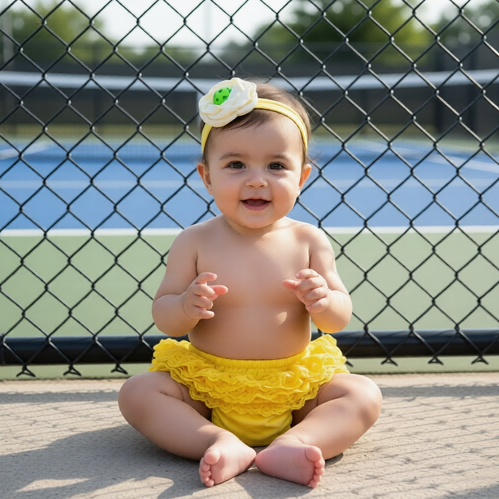 A baby sitting outdoors in front of a chain-link fence and pickleball court, wearing a bright yellow ruffled diaper cover and a matching yellow pickleball flower headband.