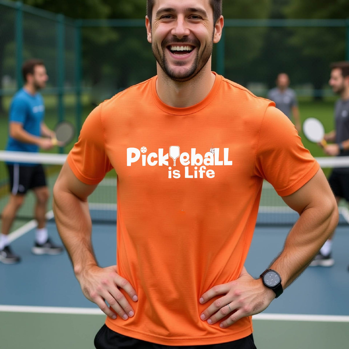 A man on a pickleball court wearing an orange t-shirt with the text 'Pickleball is Life' in white, with a pickleball paddle in place of the first L.