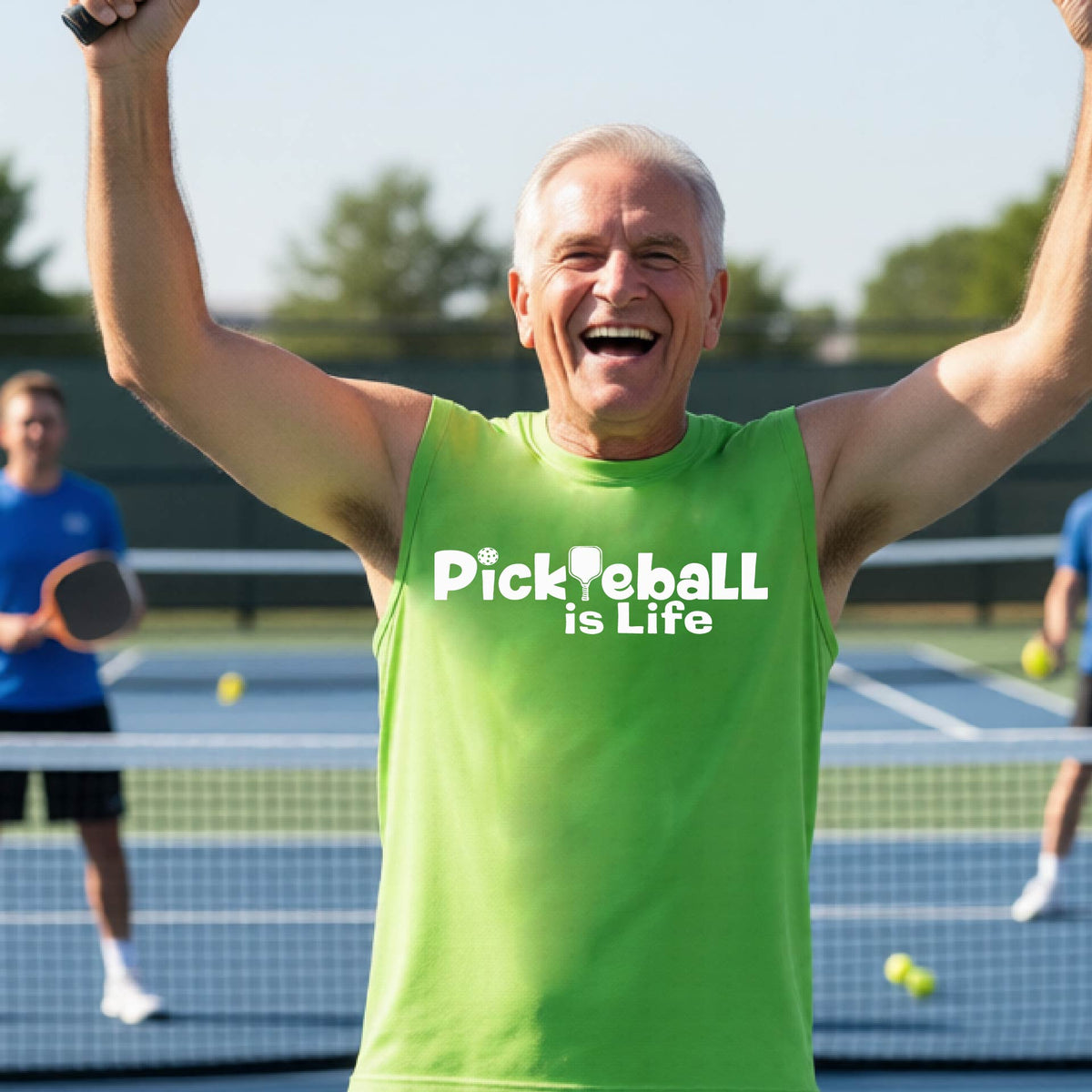 A smiling man on a pickleball court wearing a bright green sleeveless shirt with the text 'PickYeball is Life' in white.