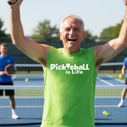 A smiling man on a pickleball court wearing a bright green sleeveless shirt with the text 'PickYeball is Life' in white.