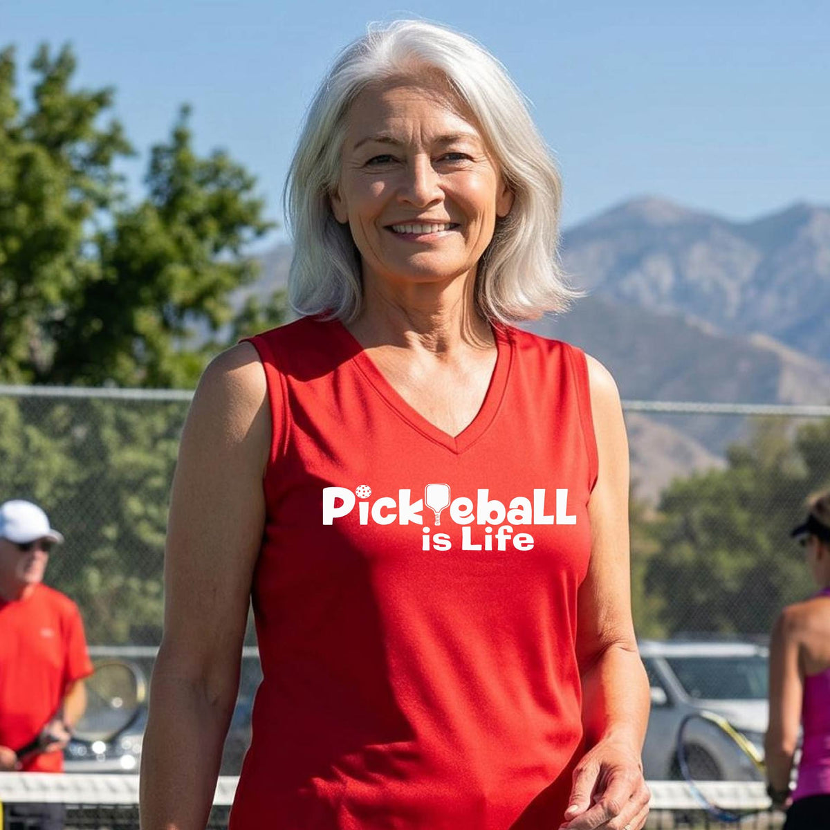 A woman wearing a red sleeveless v-neck t-shirt with the slogan 'Pickleball is Life' printed in white across the back, with a pickleball paddle replacing the L.