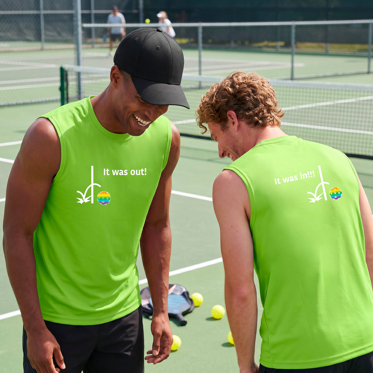 Two men showing a lime green sleeveless t-shirt with a white design of ‘IT WAS OUT!’ and a colorful pickleball on the front, and the back design with a white ‘IT WAS IN!!!’ and a colorful pickleball, standing on a pickleball court.