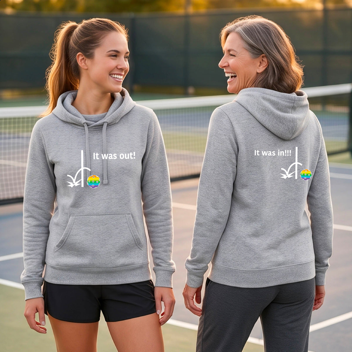Two women wearing a gray cowl-neck  fitted hoodie pullover t with a white design of ‘IT WAS OUT!’ and a colorful pickleball on the front, and the back design with a white ‘IT WAS IN!!!’ and a colorful pickleball, standing on a pickleball court.