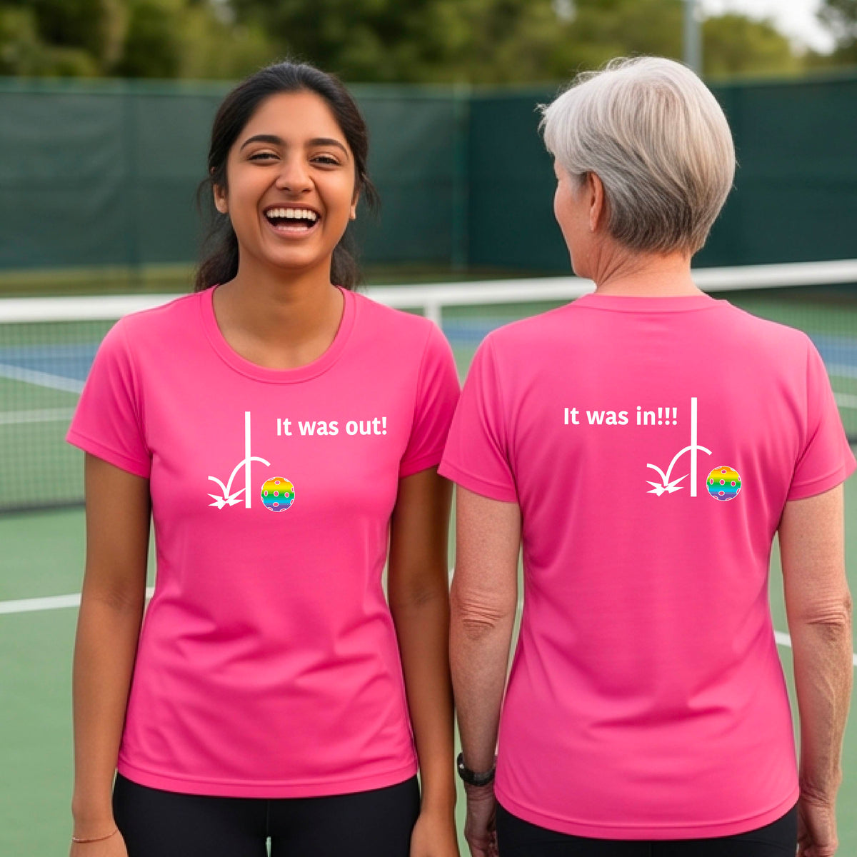 Two women showing a pink short-sleeve t-shirt with a white design of ‘IT WAS OUT!’ and a colorful pickleball on the front, and the back design with a white ‘IT WAS IN!!!’ and a colorful pickleball, standing on a pickleball court.