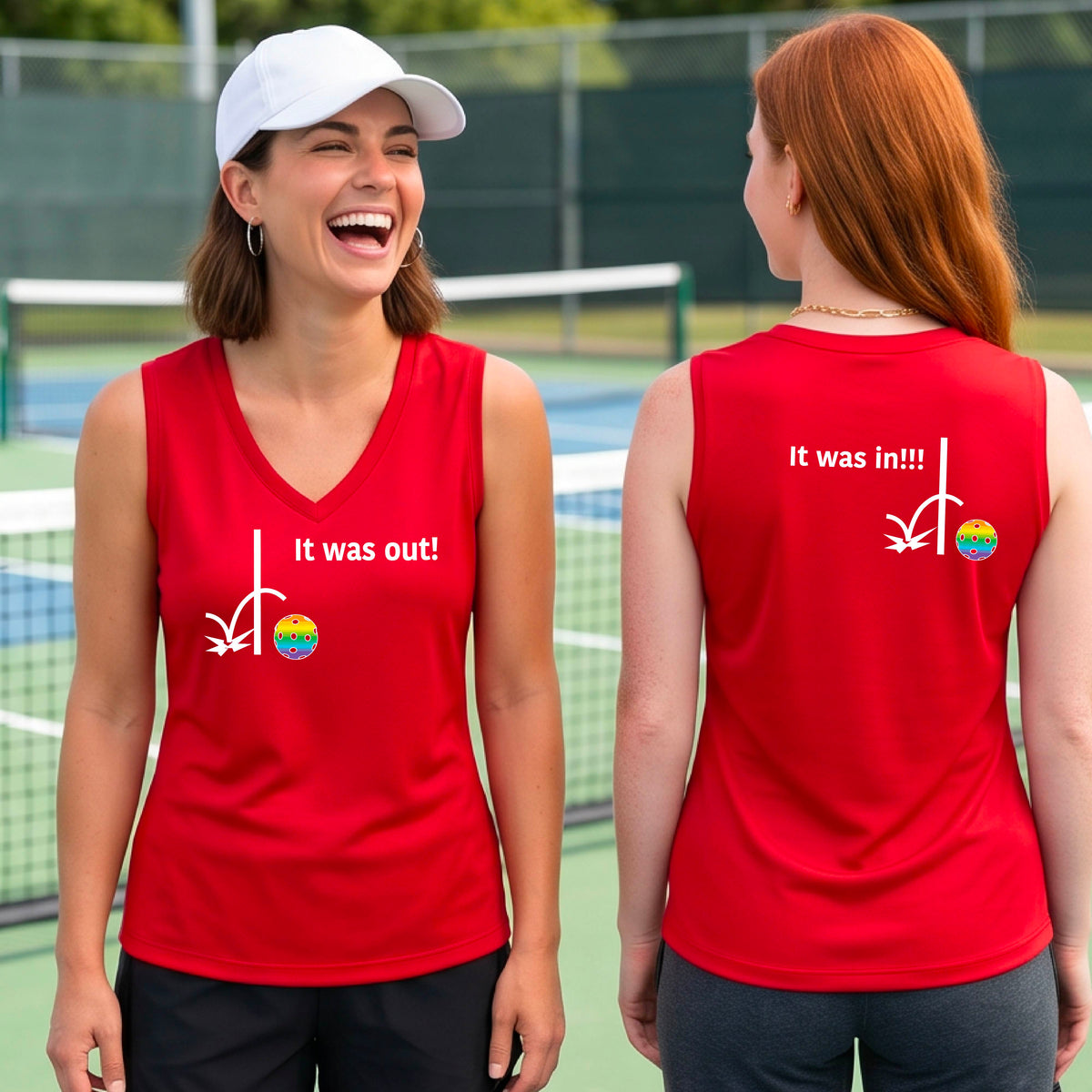 Two females showing a red sleeveless shirt with a white design of ‘IT WAS OUT!’ and a colorful pickleball on the front, and the back design with a white ‘IT WAS IN!!!’ and a colorful pickleball, standing on a pickleball court.
