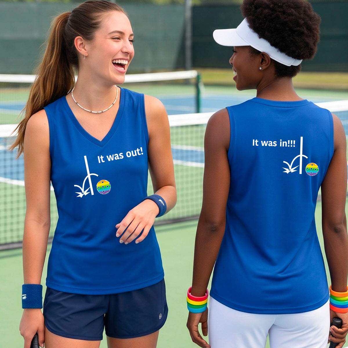 Two females showing a royal blue sleeveless shirt with a white design of ‘IT WAS OUT!’ and a colorful pickleball on the front, and the back design with a white ‘IT WAS IN!!!’ and a colorful pickleball, standing on a pickleball court. 