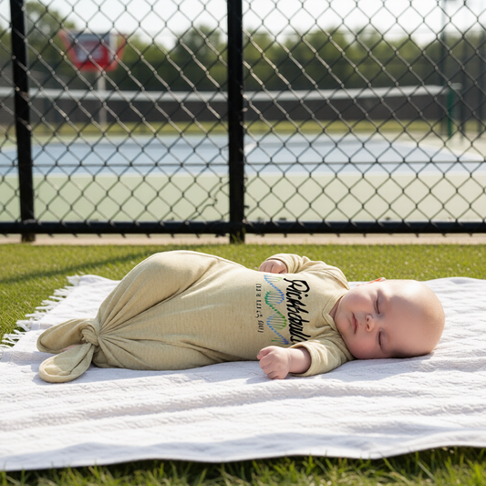 A baby wearing a beige long-sleeve knotted bodysuit with a graphic print with text 'PICKLEBALL IT'S IN MY DNA"lies on a white blanket on grass, with a chain-link fence and PICKLEBALL court in the background.