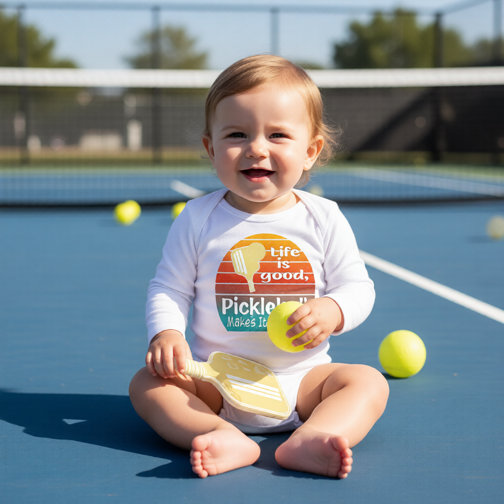 A baby sitting on a blue pickleball court wearing a white long-sleeve sonoe piece outfit with a retro-style pickleball graphic that reads 'life is good, Pickleball Makes It Better'.