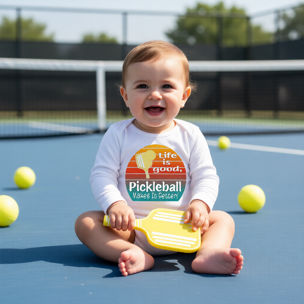 A baby sitting on a blue pickleball court wearing a white long-sleeve sonoe piece outfit with a retro-style pickleball graphic that reads 'life is good, Pickleball Makes It Better'.