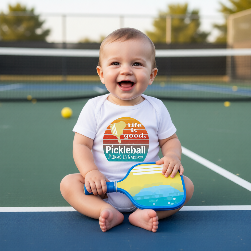 A smiling baby sits on a pickleball court holding a paddle, wearing a white t-shirt with a retro-style pickleball graphic that reads 'life is good. Pickleball Makes it Better!'.