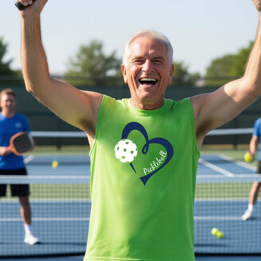 A smiling man on a pickleball court wearing a bright lime green sleeveless shirt with a navy heart, pickleball graphic, and the word 'Pickleball' printed on the front.
